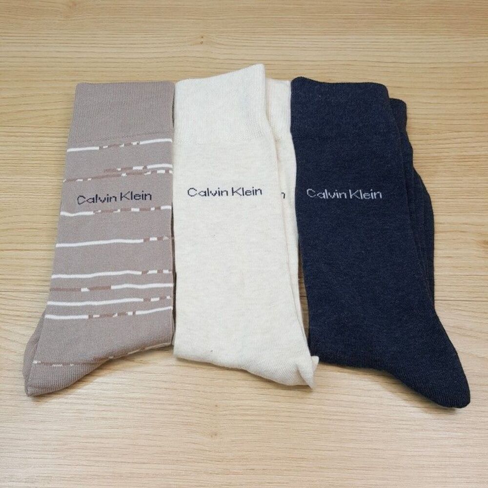 CALVIN KLEIN Mens Dress Socks 3-Pack tan Navy Cream Cotton Blend Logo Size 7-12